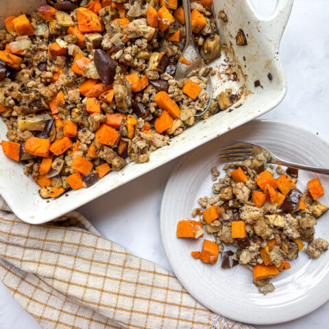 Eggplant casserole finished with a single plate and dish.