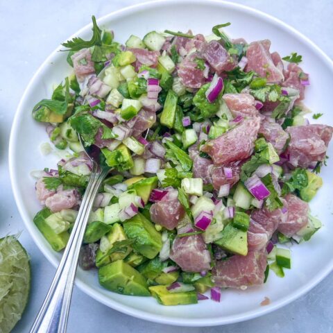 ginger tuna ceviche finished with a spoon