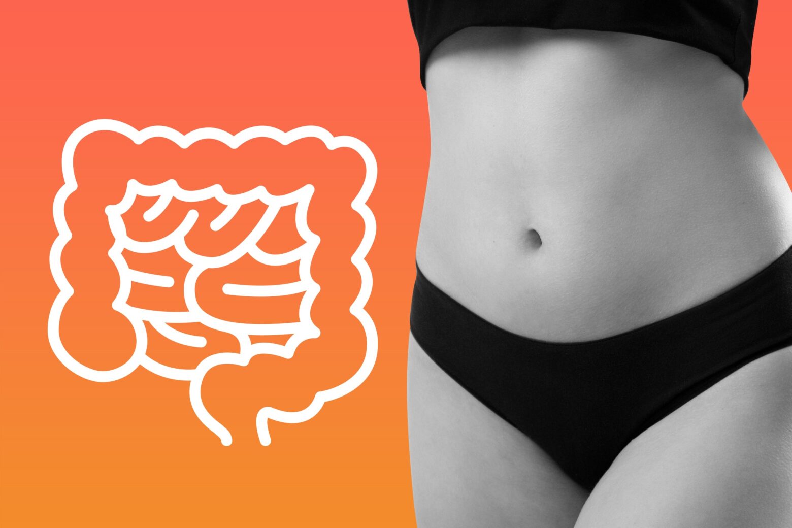 Composite image of an icon of human intestines next to a crop of a human torso
