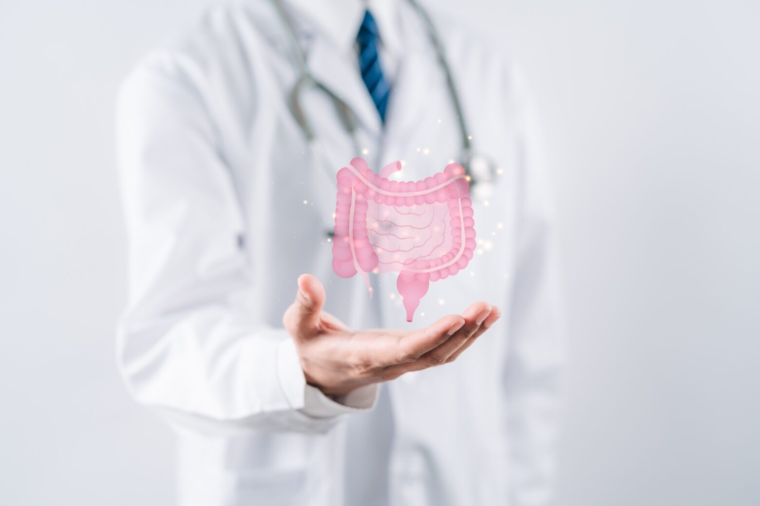 Man in a white coat holding a fake pink intestines.