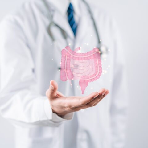 Man in a white coat holding a fake pink intestines.