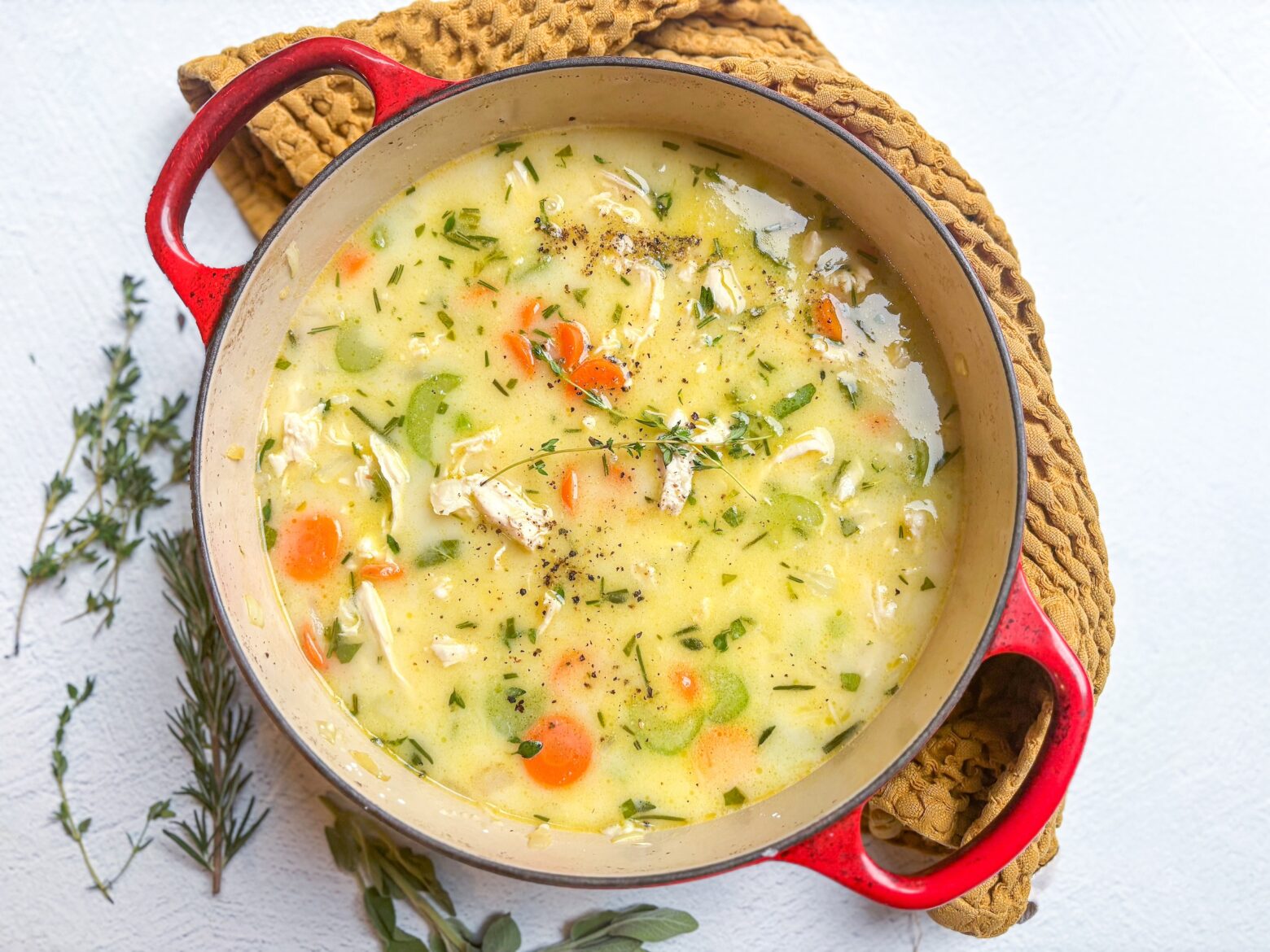 Chicken pot pie soup finished in a big dutch oven.