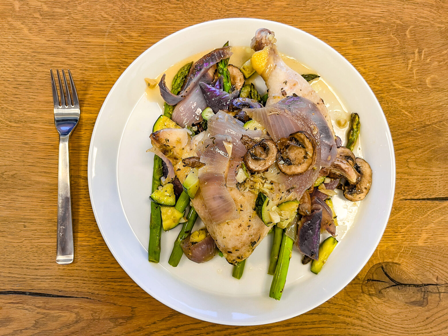 Spring chicken skillet finished on a plate.