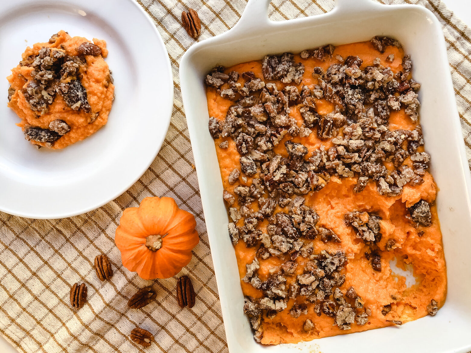 Sweet potato casserole finished with a pumpkin.