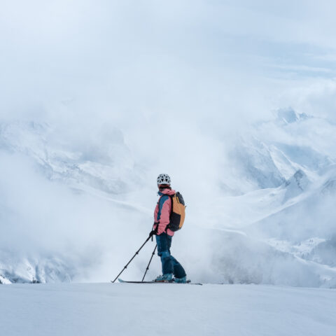 A skier looks out at white, cloud-covered mountains