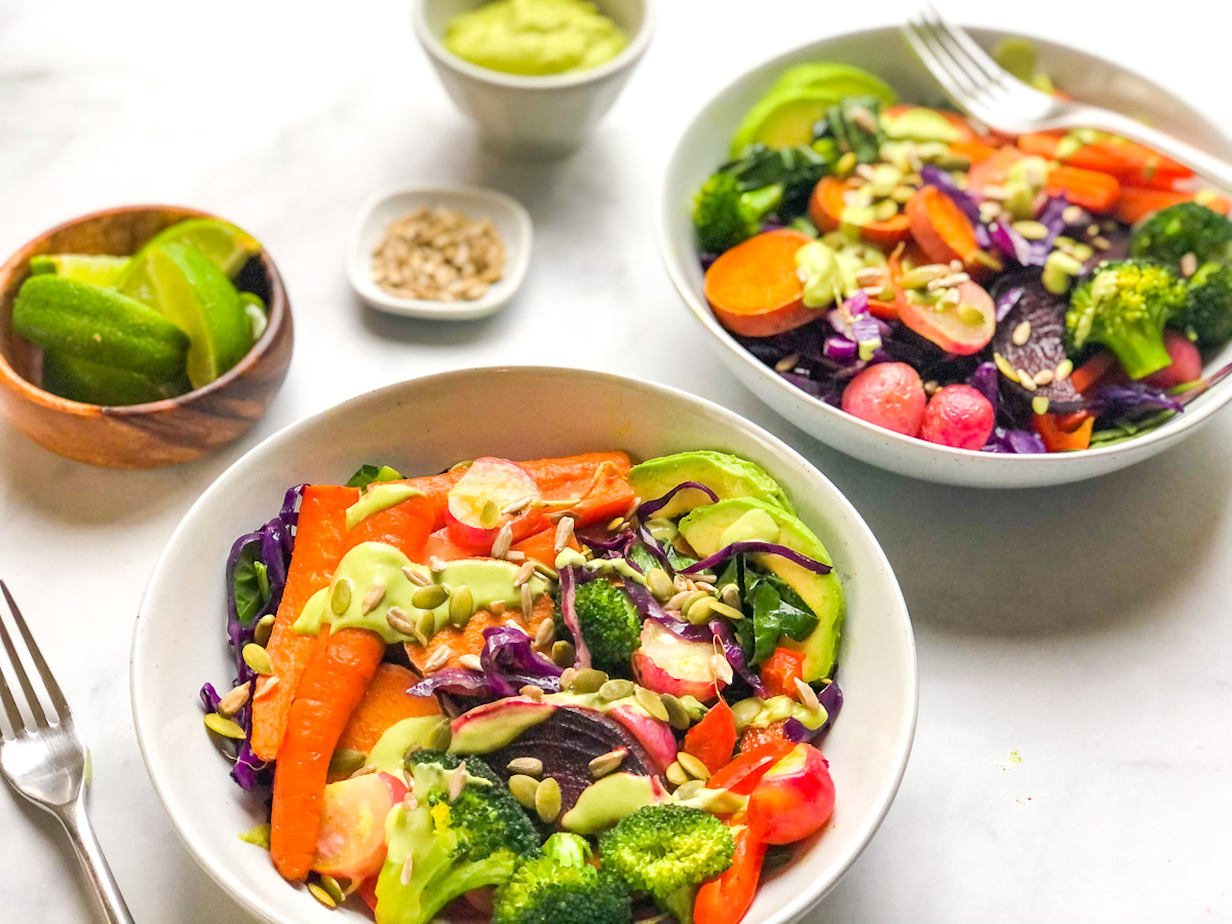 Vegan Buddha Bowl with Avocado Lime Dressing, finished and served