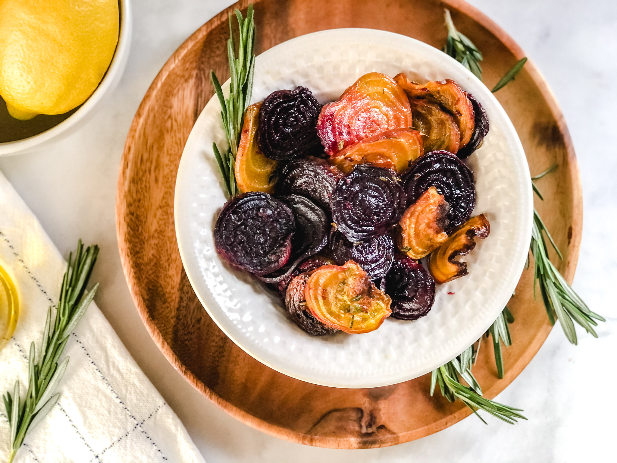 Lemon rosemary beet chips finished on a plate. 