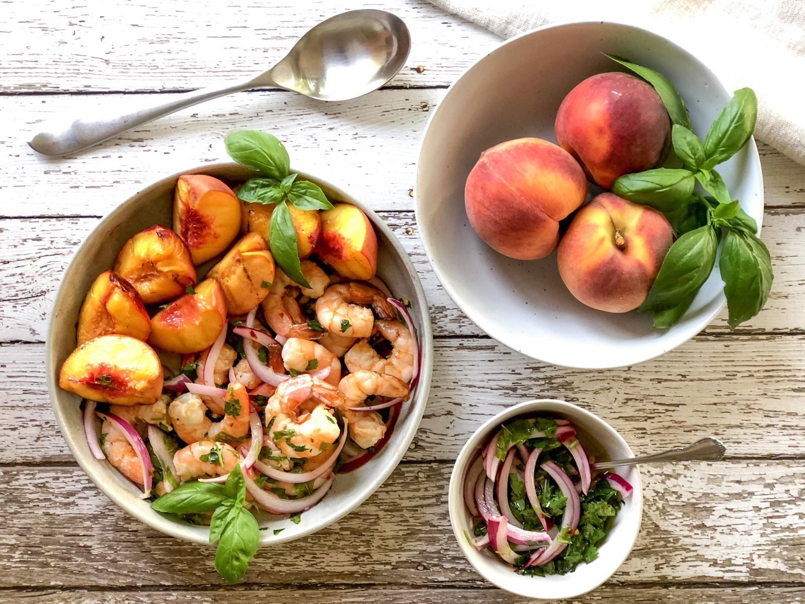 Shrimp & Peach Grillers in a bowl with sides