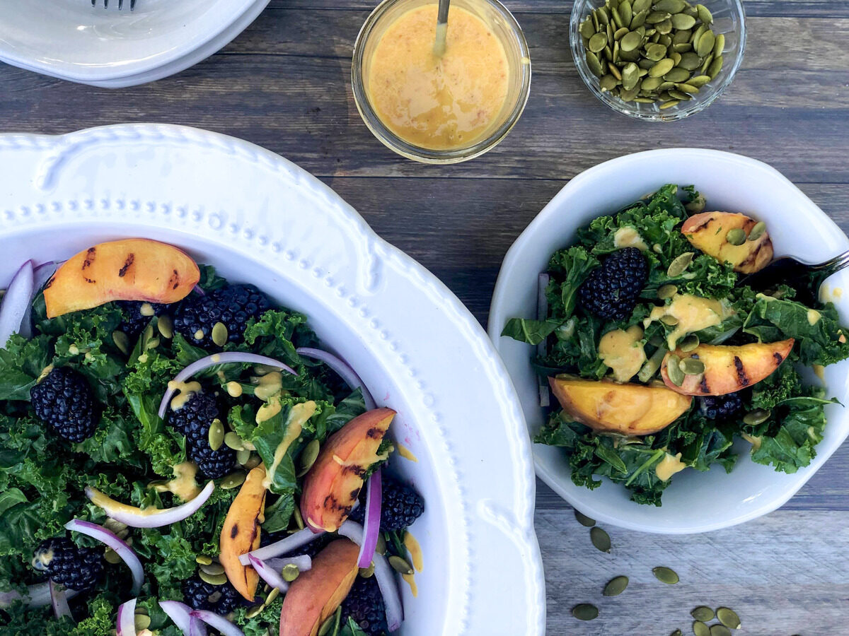 Kale Salad with Grilled Peaches with plated