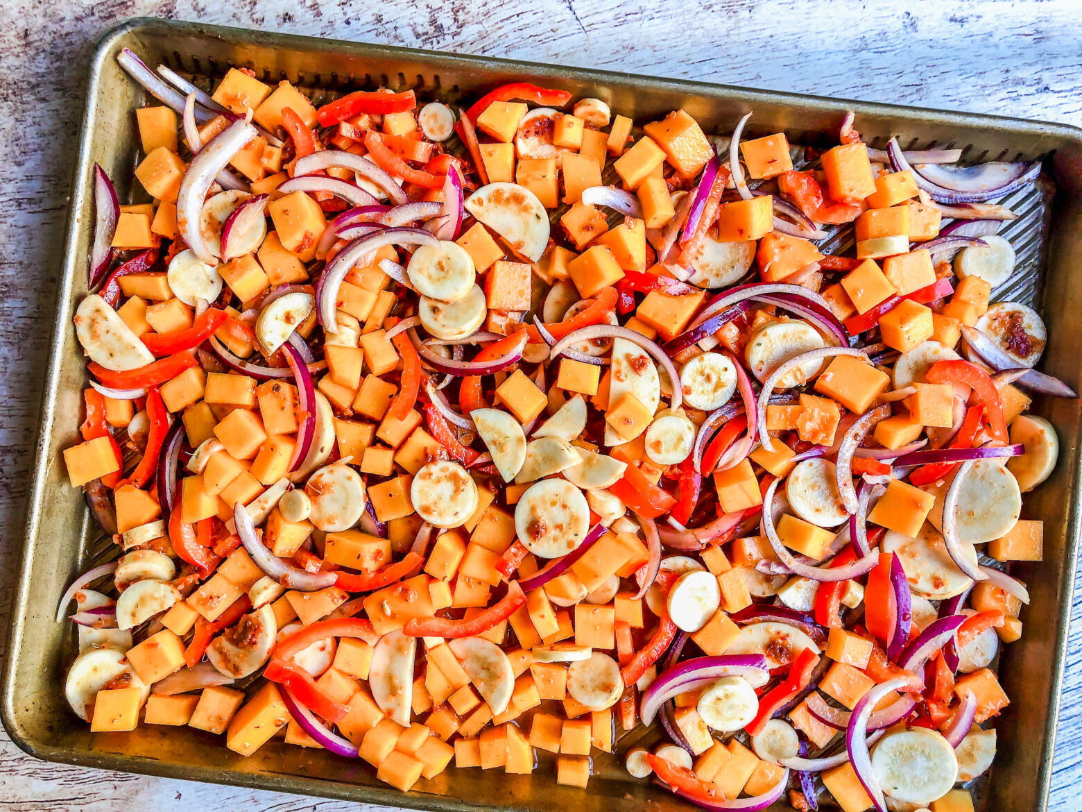Fall Harvest Vegetable Salad roasting in a pan