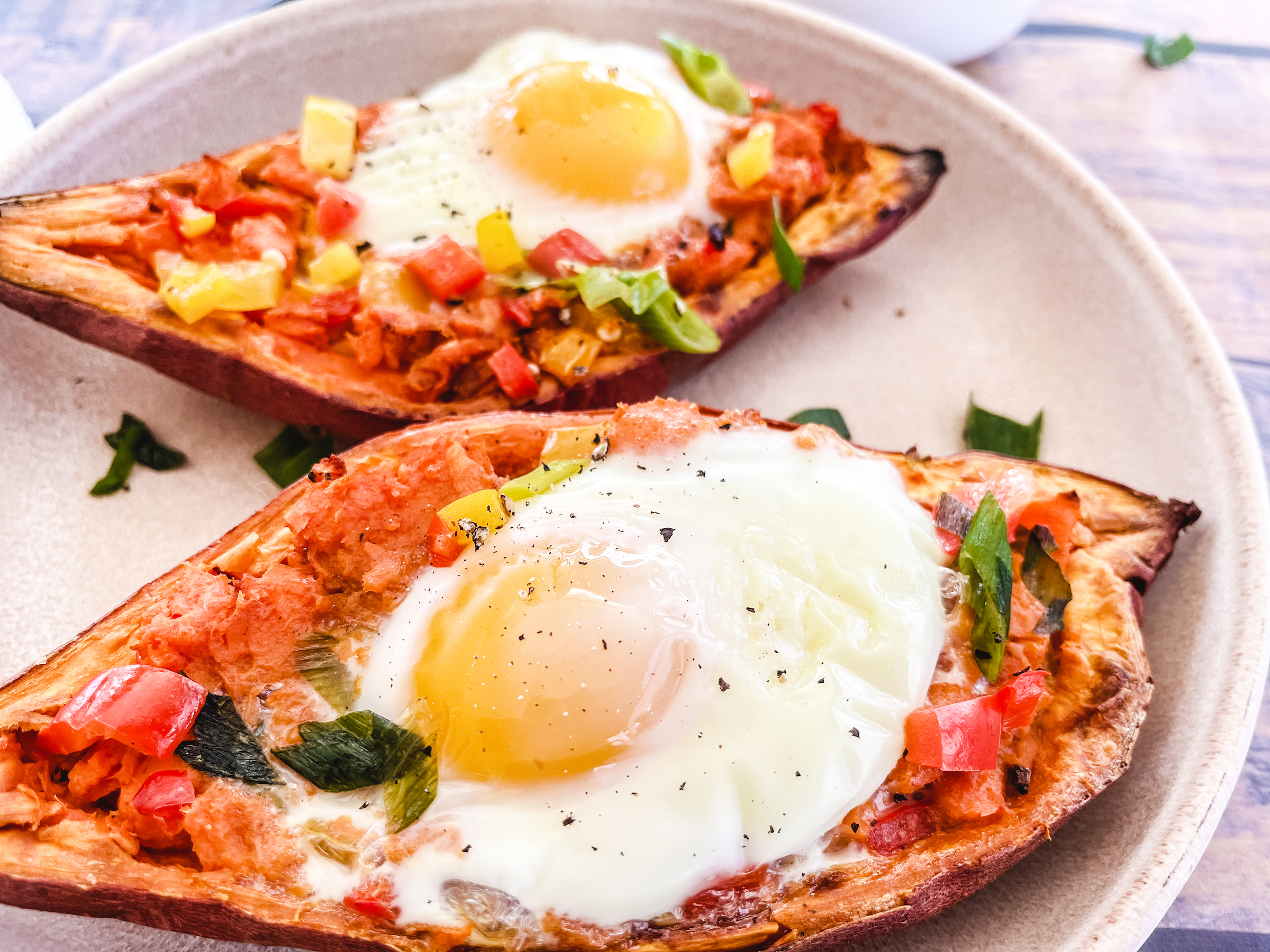 Sweet Potato Breakfast Boats finished closeup