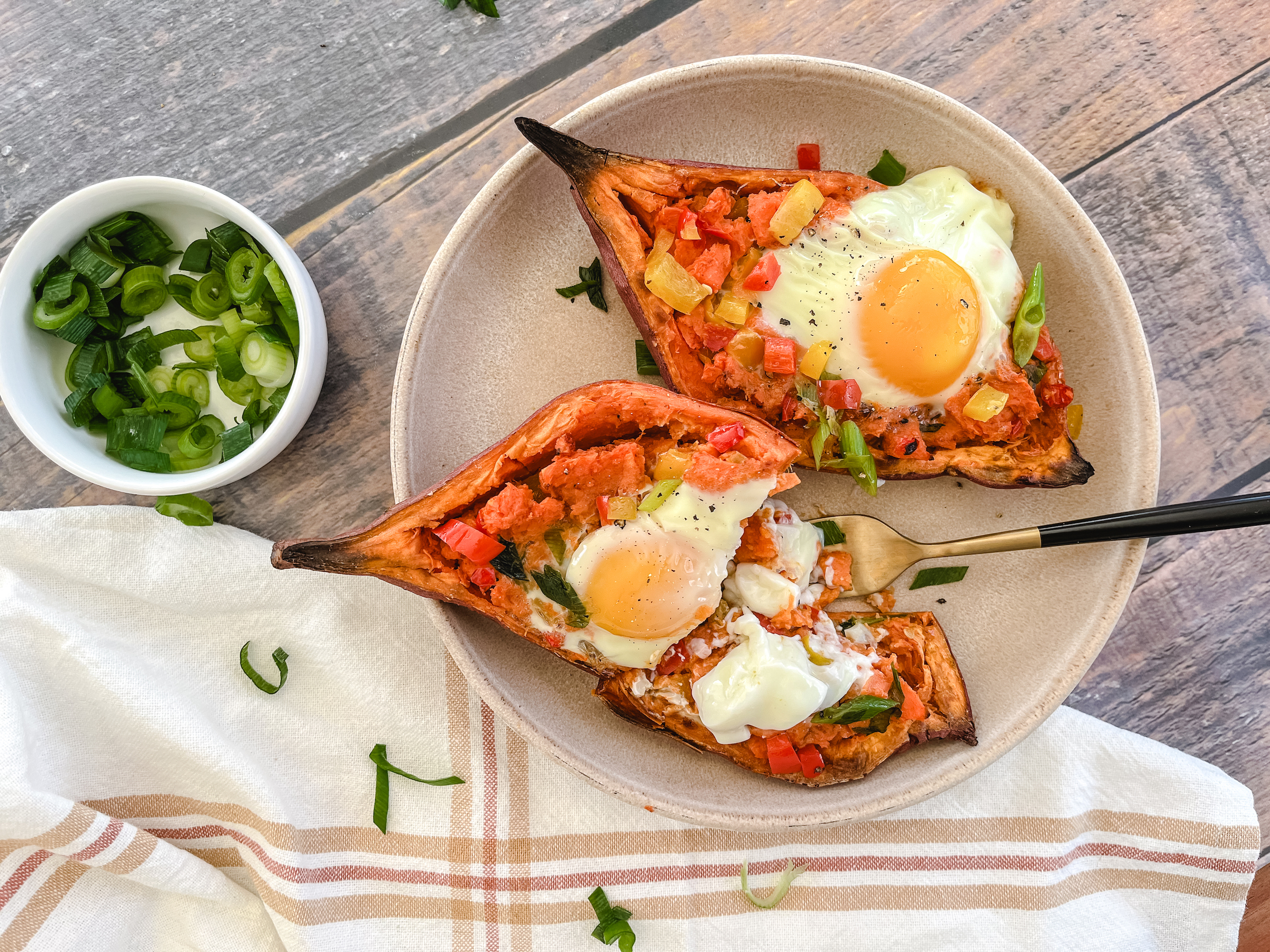 Sweet Potato Breakfast Boats, finished with fork