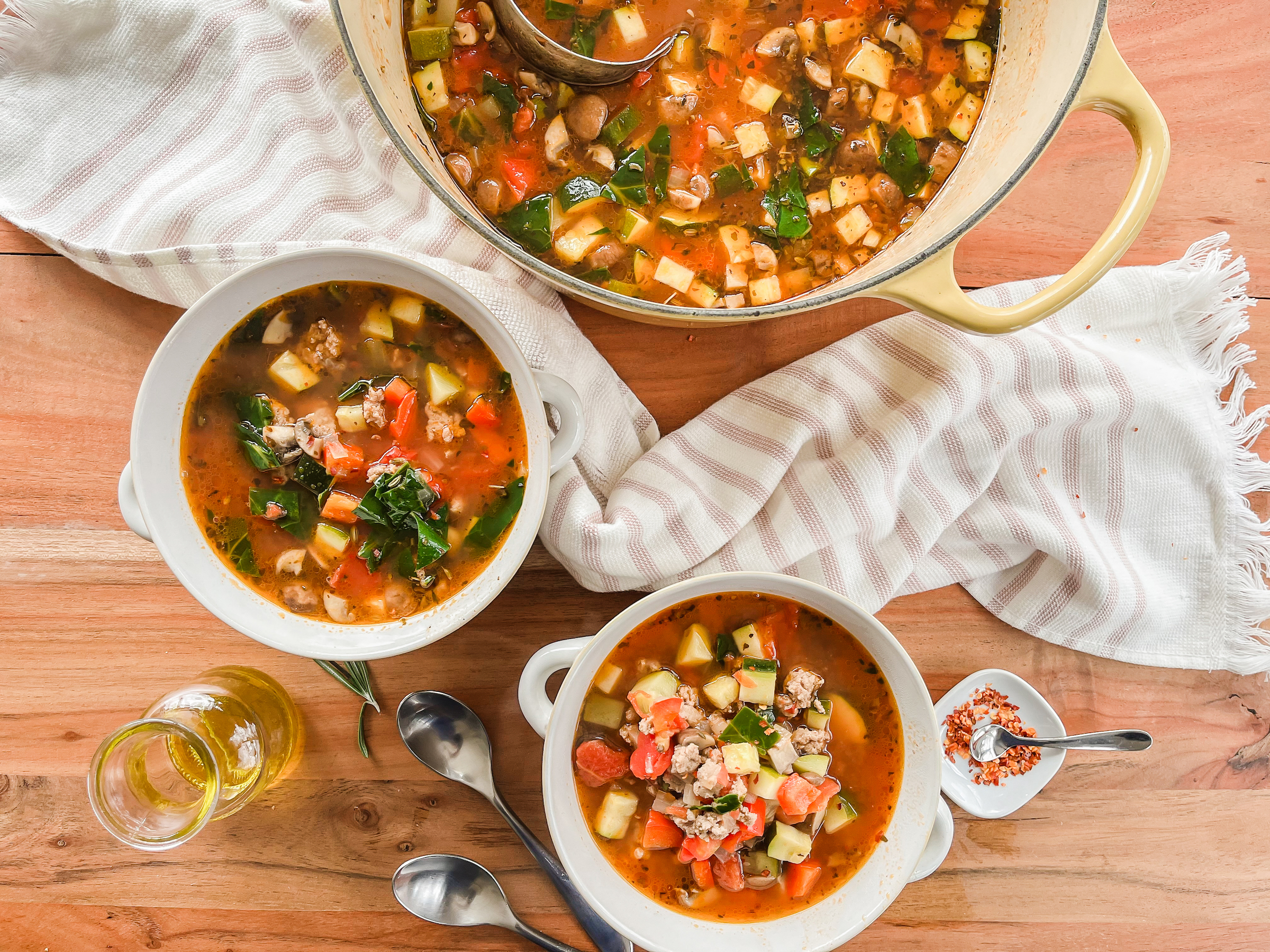 Paleo Turkey Minestrone Soup, finished and served in bowls