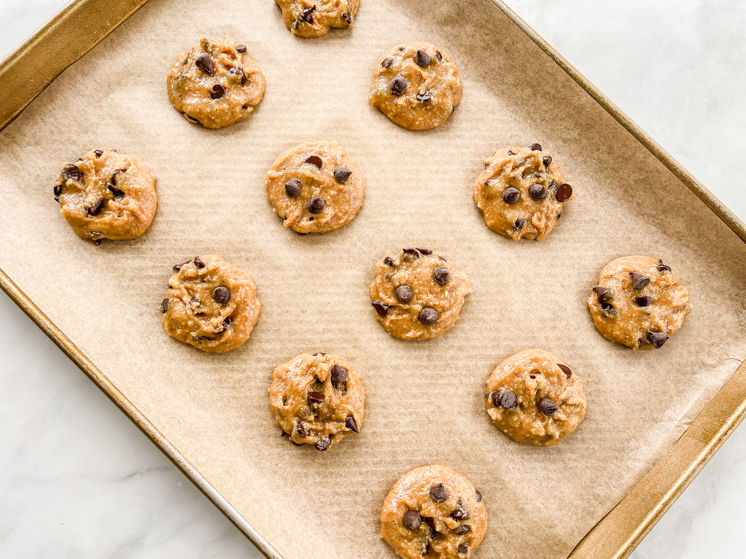 PaleoFLEX Chocolate Chip Cookies before being baked on a pan