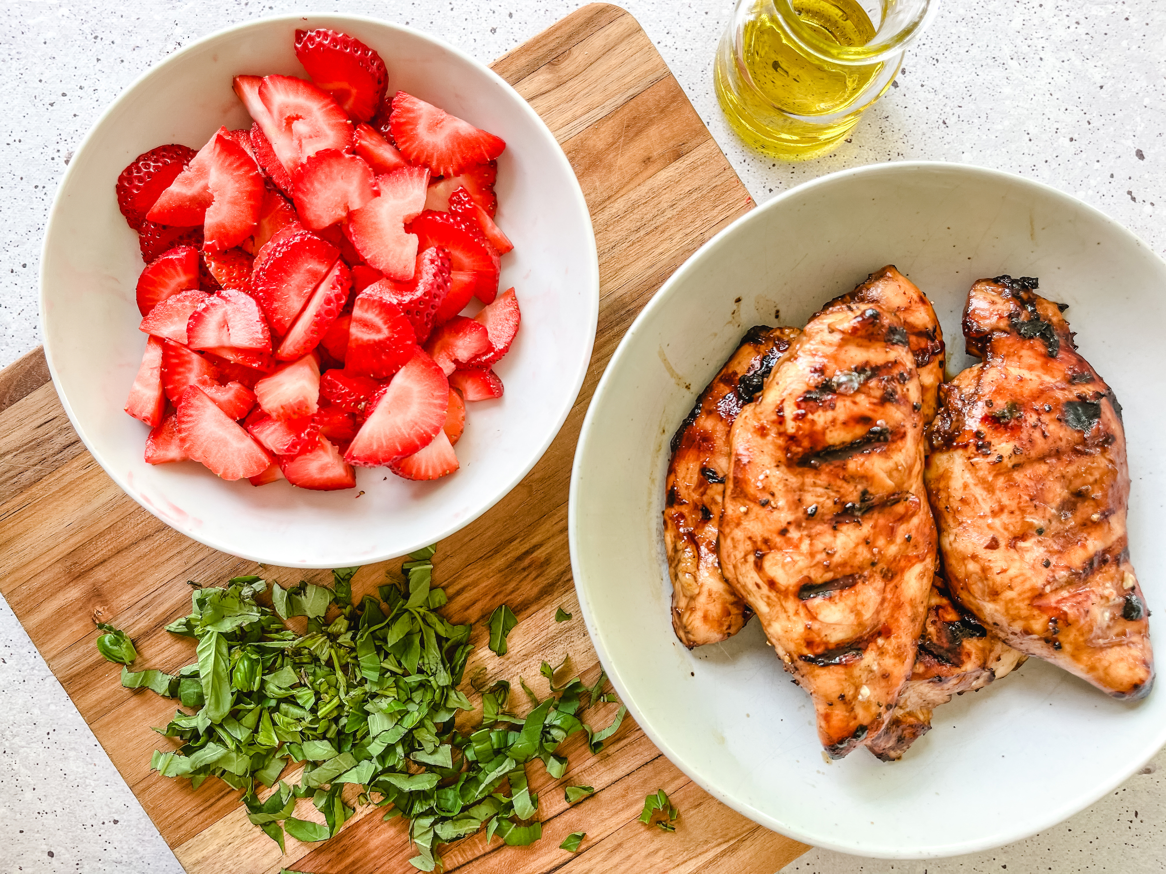 Ingredients for Strawberry Basil Chicken, with the chicken already grilled