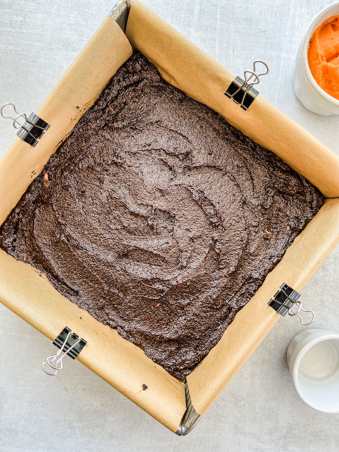 Sweet Potato Brownie batter in the pan