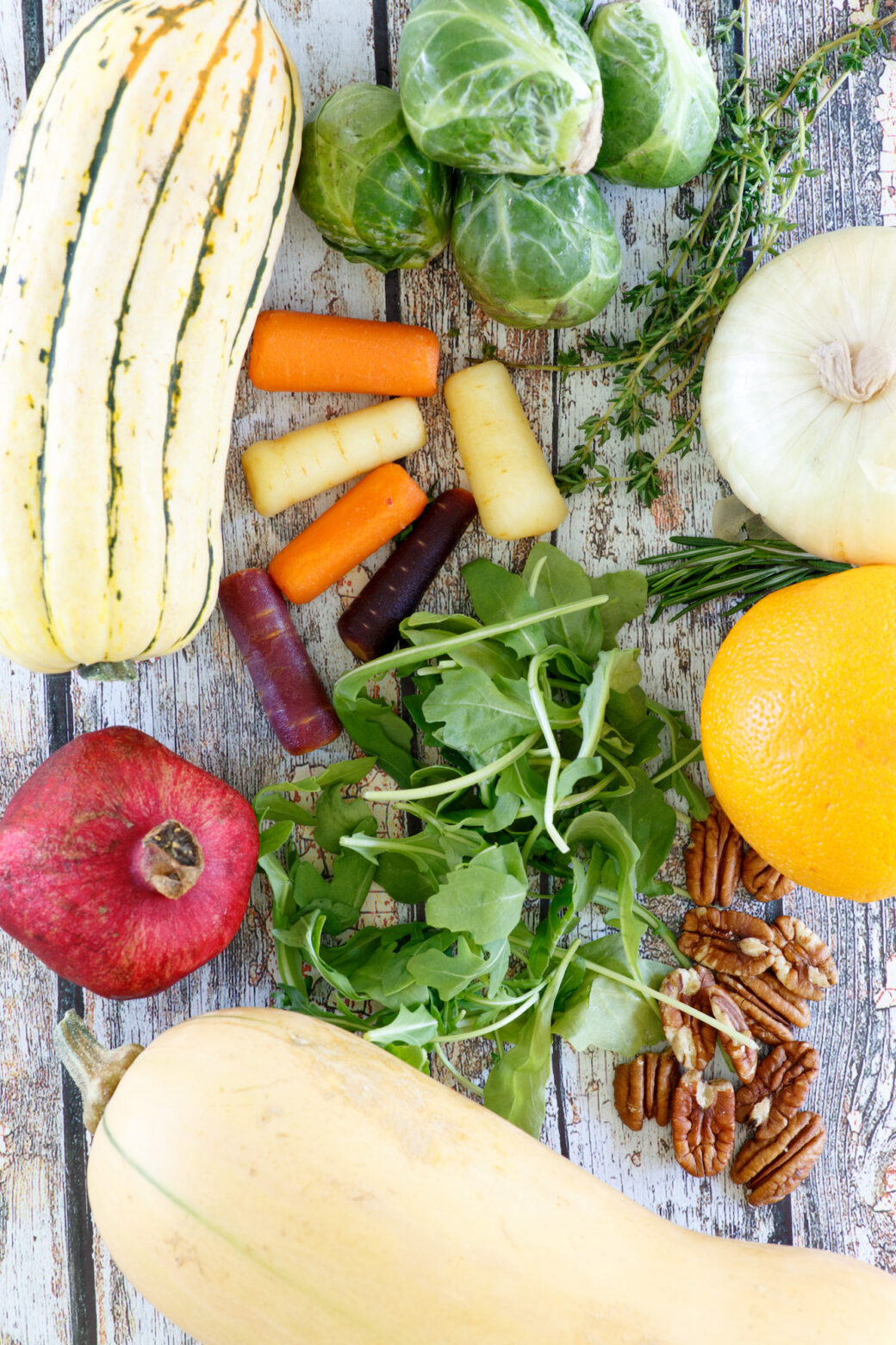 Whole produce ingredients for a Fall Salad