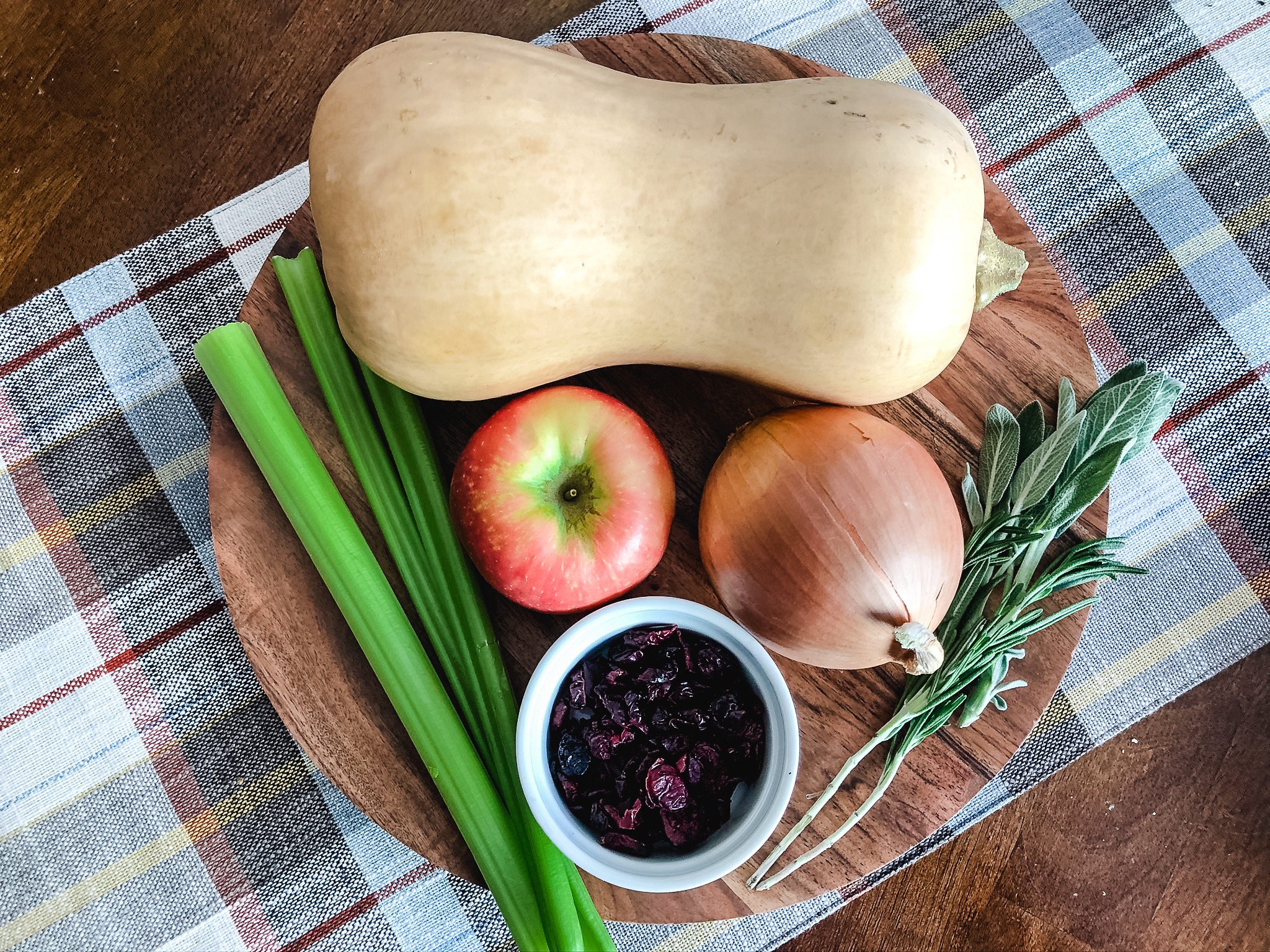 Ingredients for Thanksgiving stuffing with butternut squash