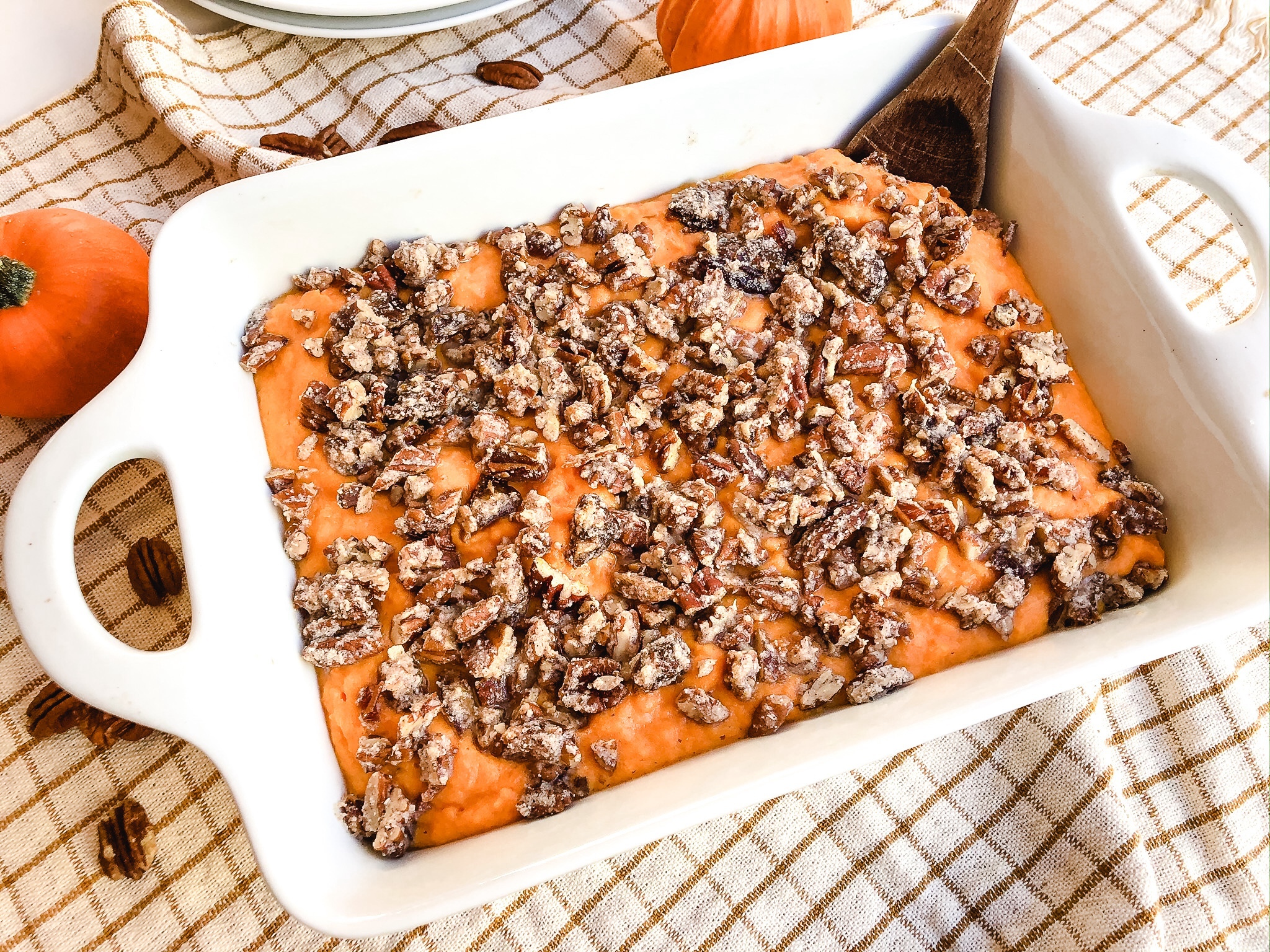 sweet potato casarole alld done in a baking dish.