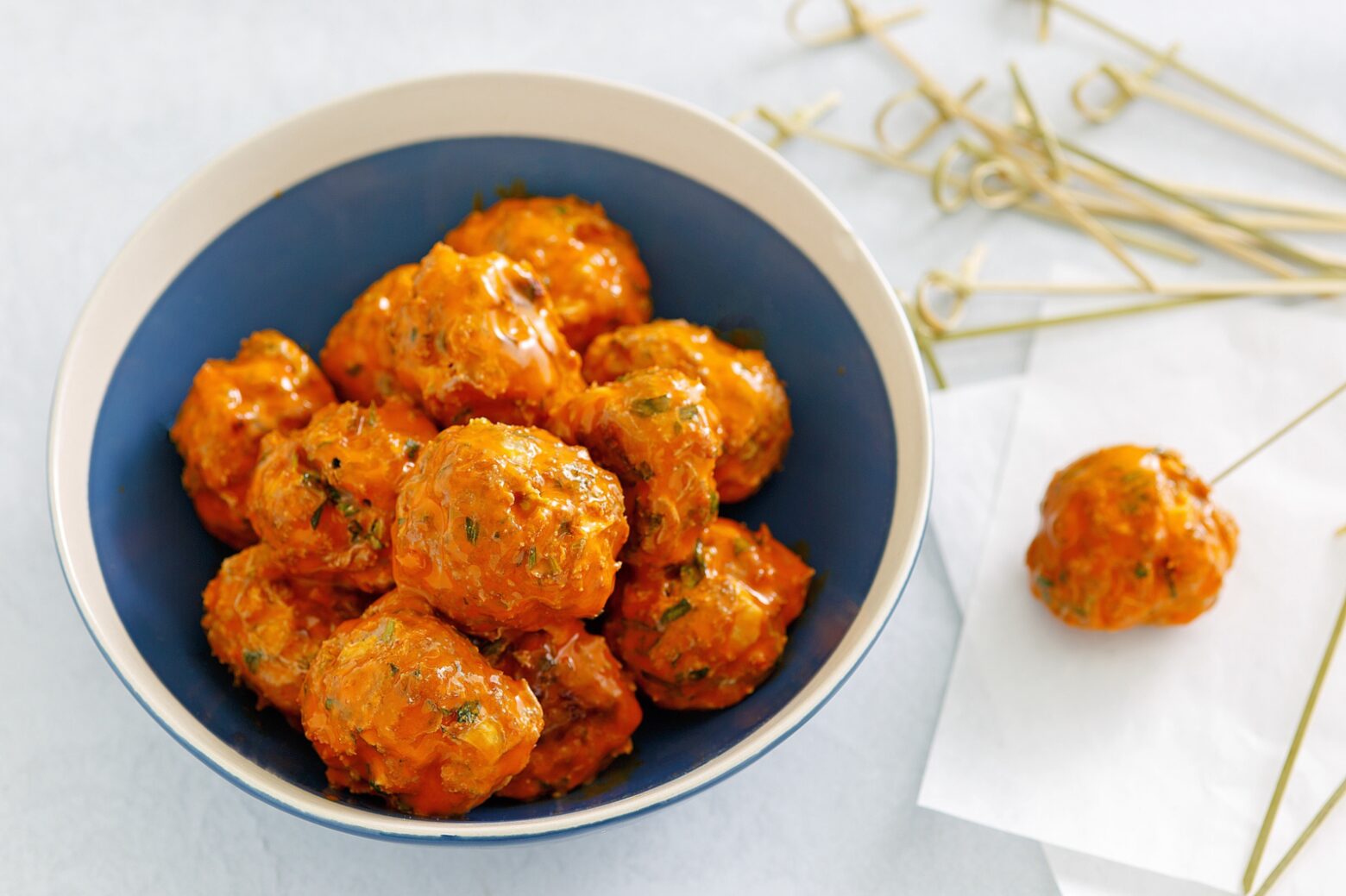 Buffalo chicken meatballs served in a bowl