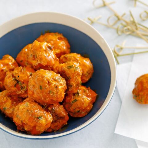 Buffalo chicken meatballs served in a bowl