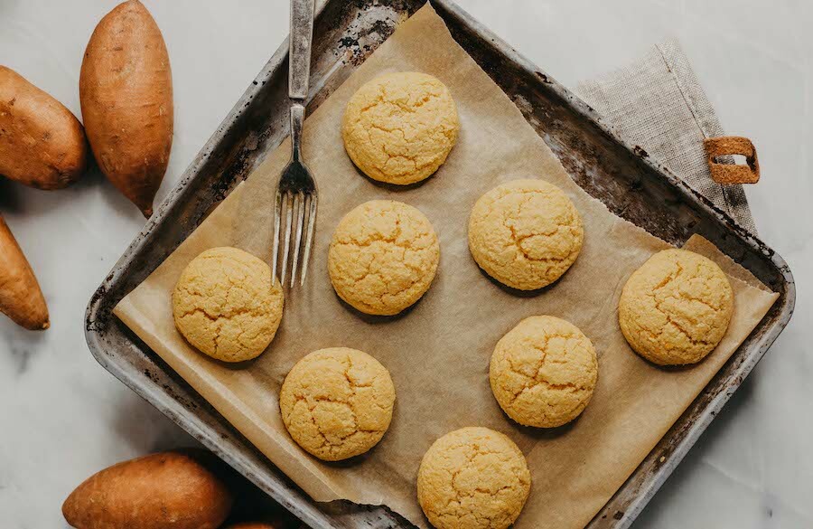 Sweet potato biscuits on a baking sheet