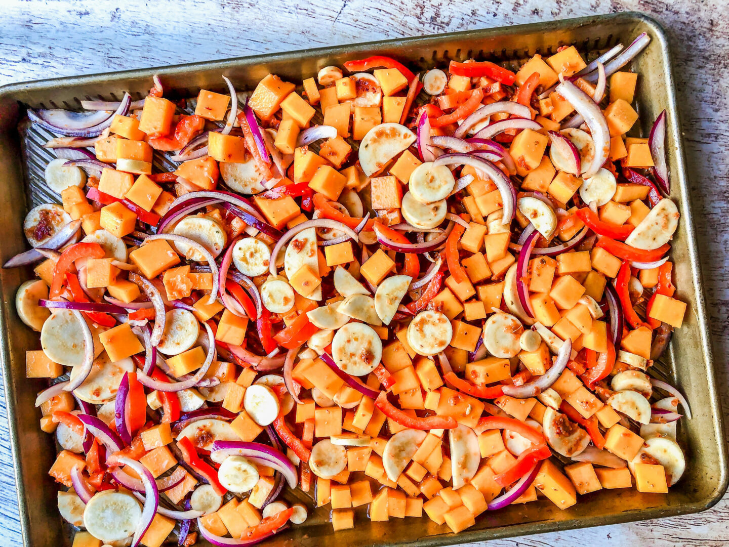 Vegetables for the Fall Harvest Salad on a baking sheet