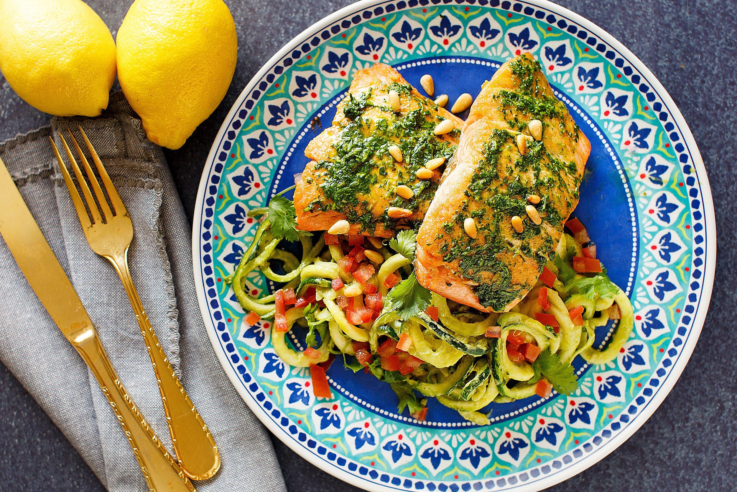 Salmon with Cilantro Sauce and Creamy Zoodles