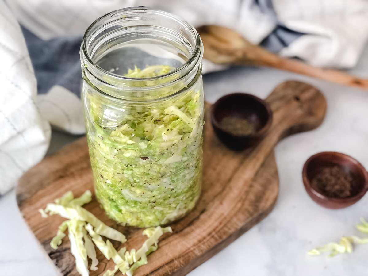 No-Salt Sauerkraut recipe in a mason jar stays fresh for three months