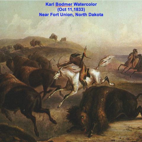 Watercolor painting of a North American Plains Indian shooting an arrow at buffalo on horseback (Included text: Karl Bodmer Watercolor (Oct 11, 1833) Near Fort Union, North Dakota).