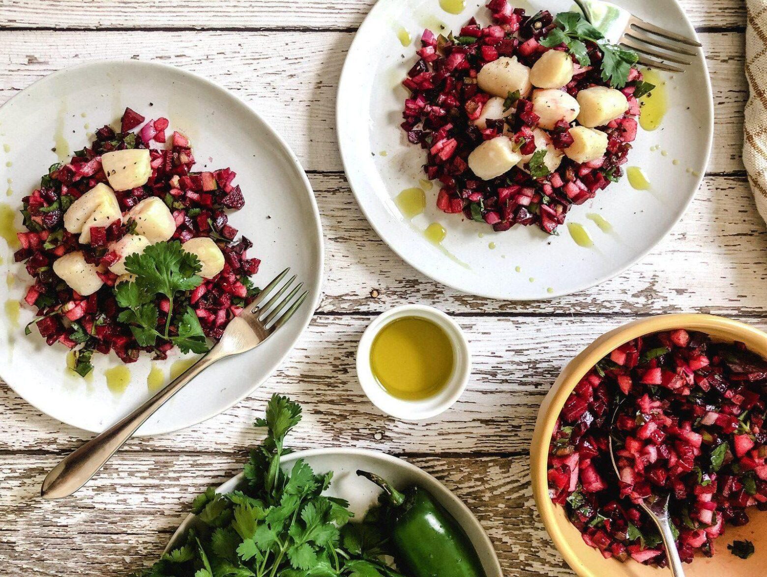 Pan seared scallops with beet salsa