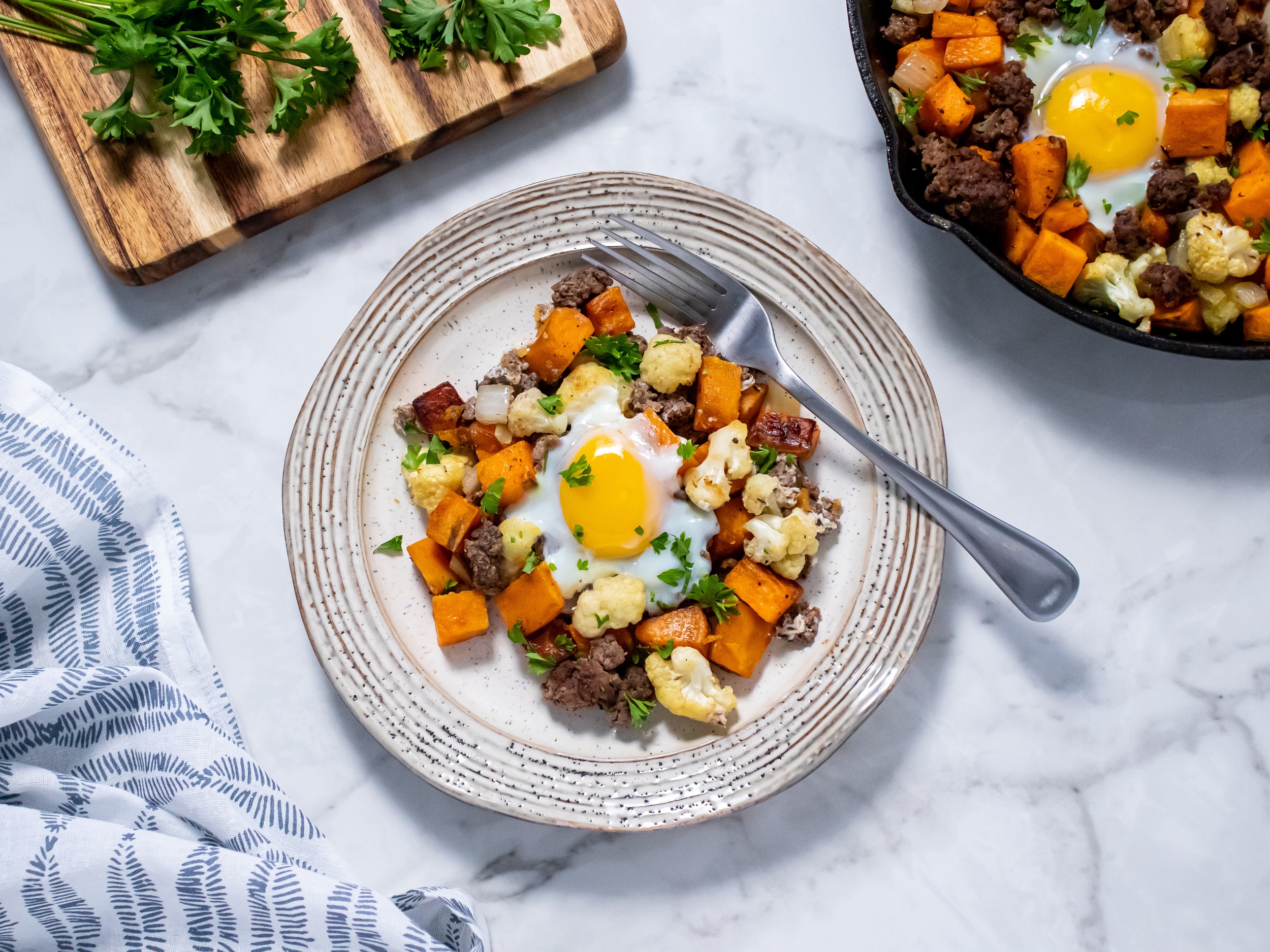 Above shot of Sweet Potato and Bison Hash plated