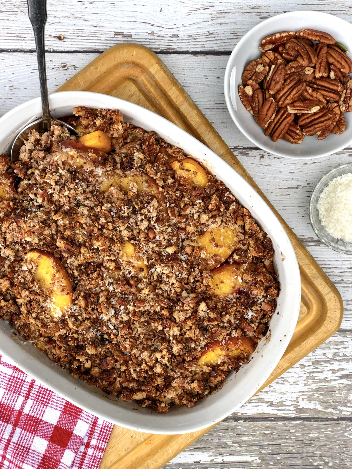 Finished peach cobbler in a baking dish