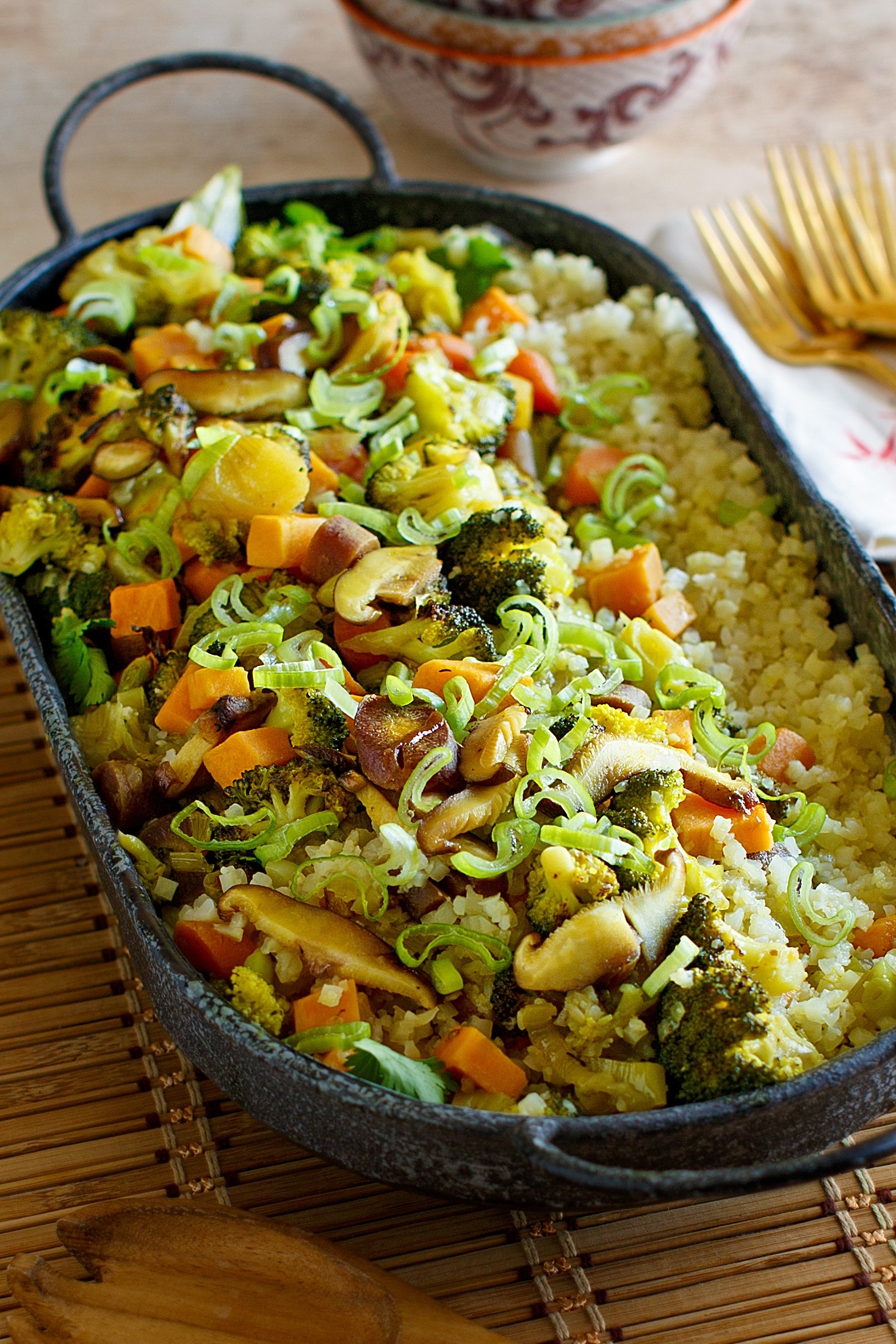 Finished vegetable coconut curry on a serving platter