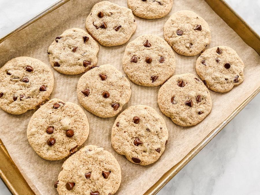 chocolate chip cookies on a baking pan