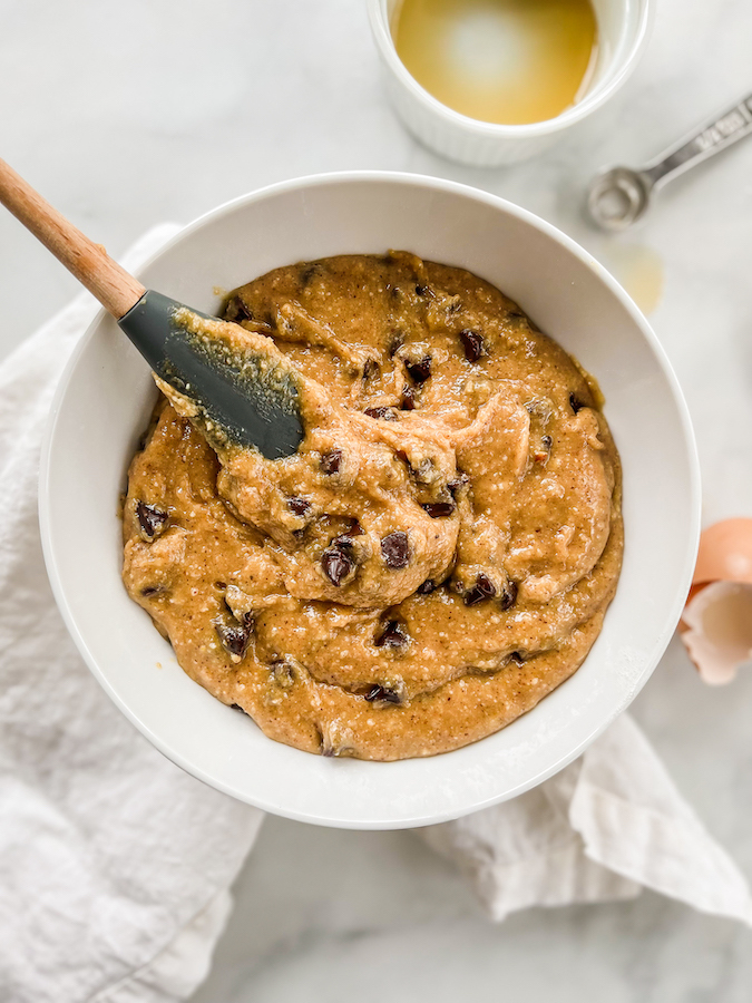 chocolate chip cookie dough batter in a bowl