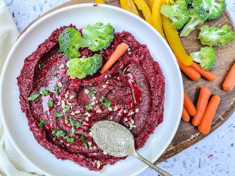 Beet hummus served with veggies