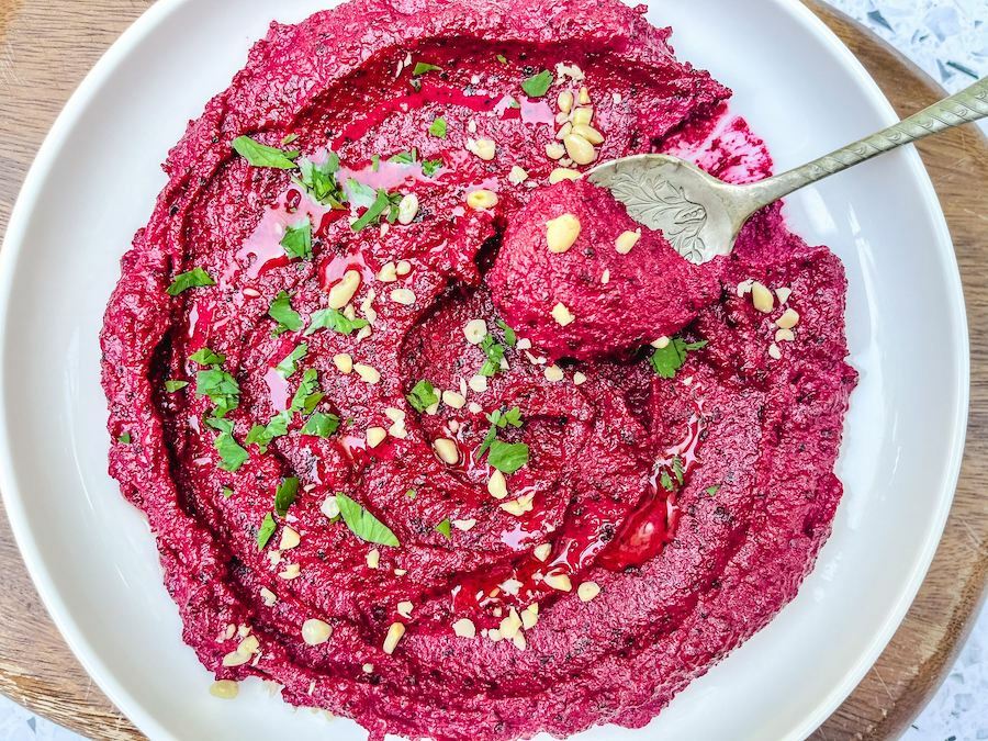 Finished beet hummus in a bowl