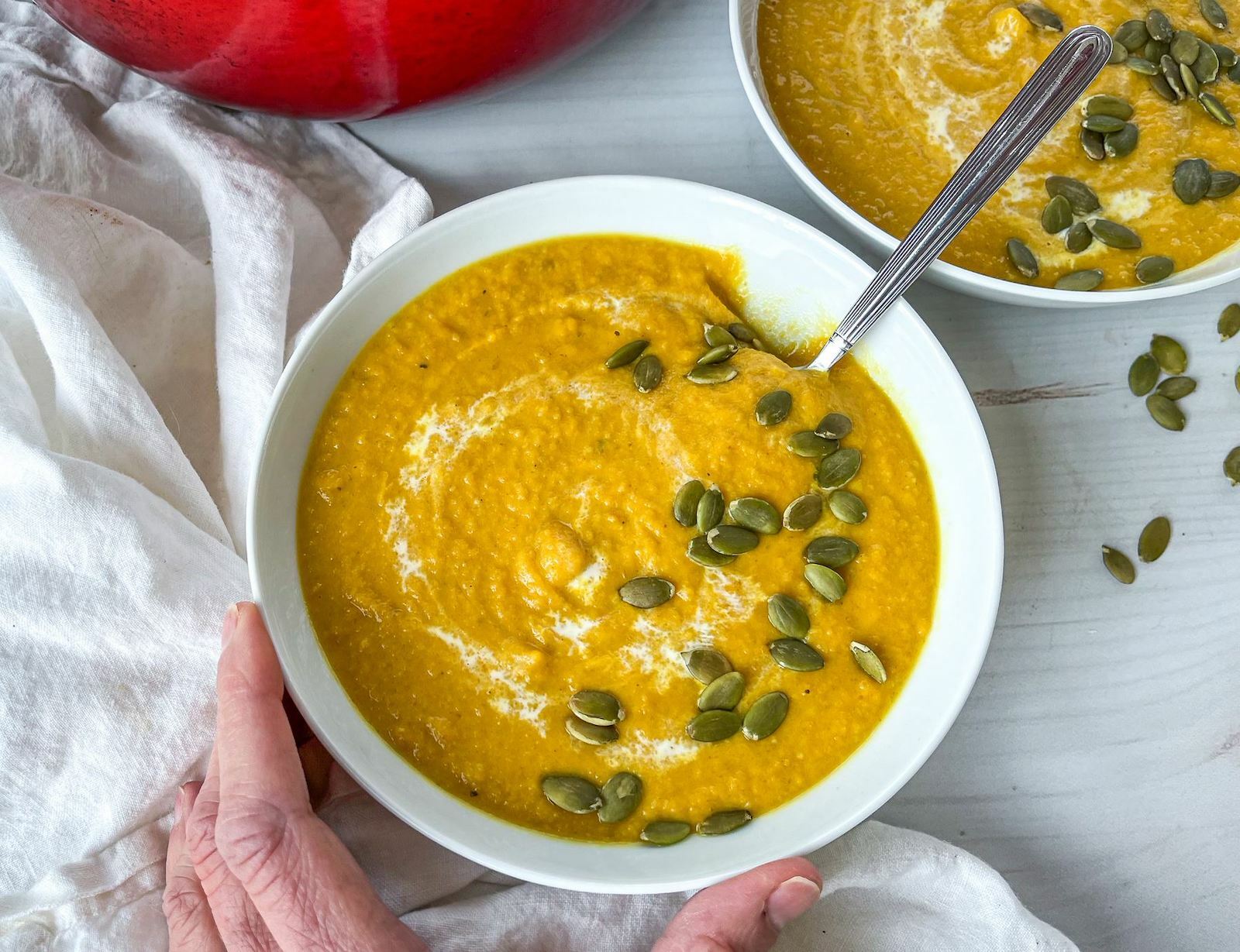 Finished butternut squash soup in a bowl