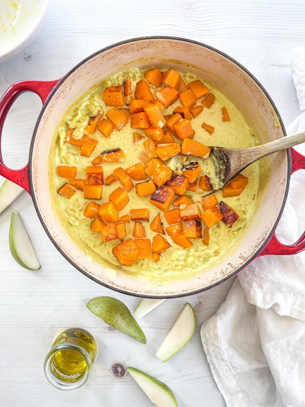 Butternut squash soup cooking in a pot