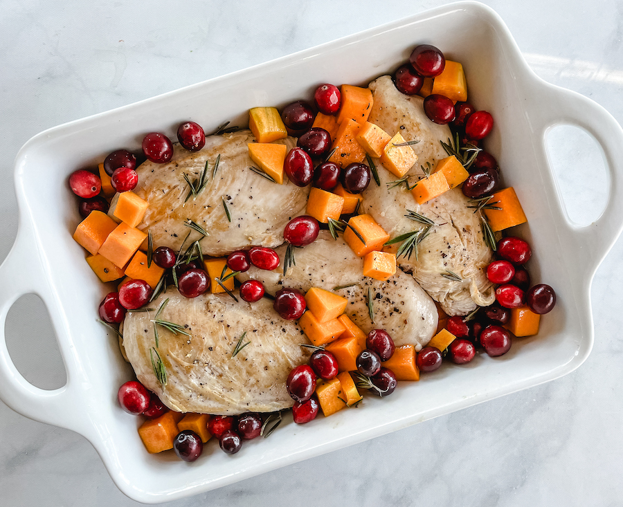 Roasted Chicken with Butternut Squash and Cranberries in Dish
