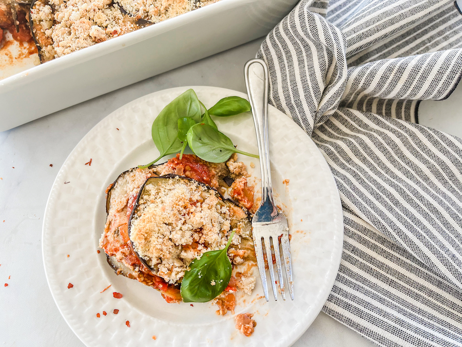 Paleo Eggplant Lasagna; one serving on plate, no bite