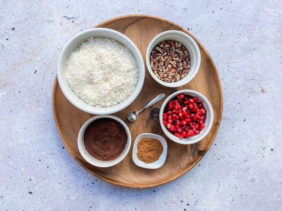 Divided ingredients for Pomegranate Cocoa Treats