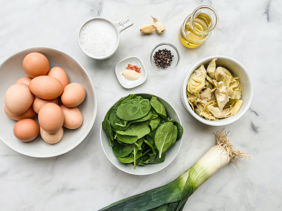 Artichoke and spinach frittata ingredients.