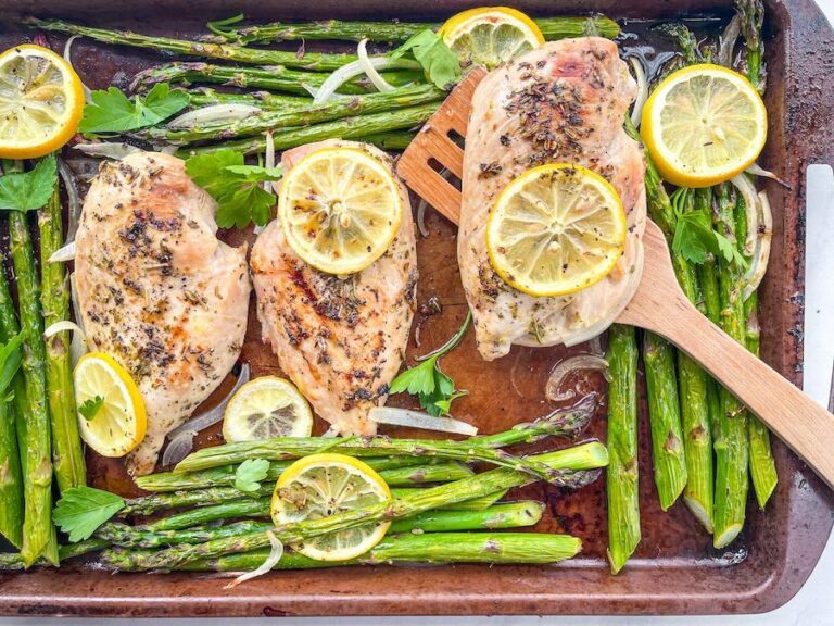 Close-up of sheet pan lemon chicken