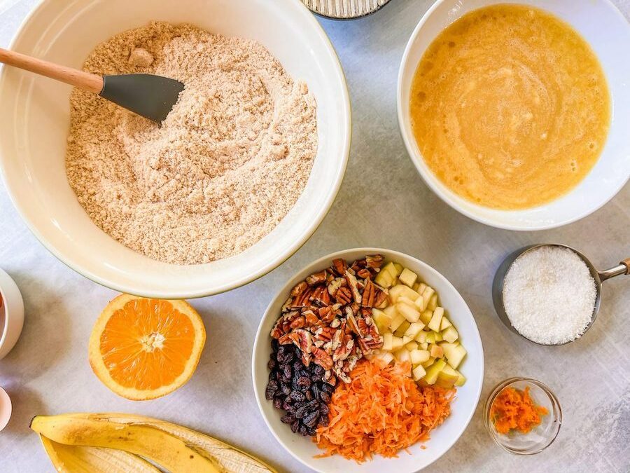 Dry and wet mixing bowls for morning glory muffins