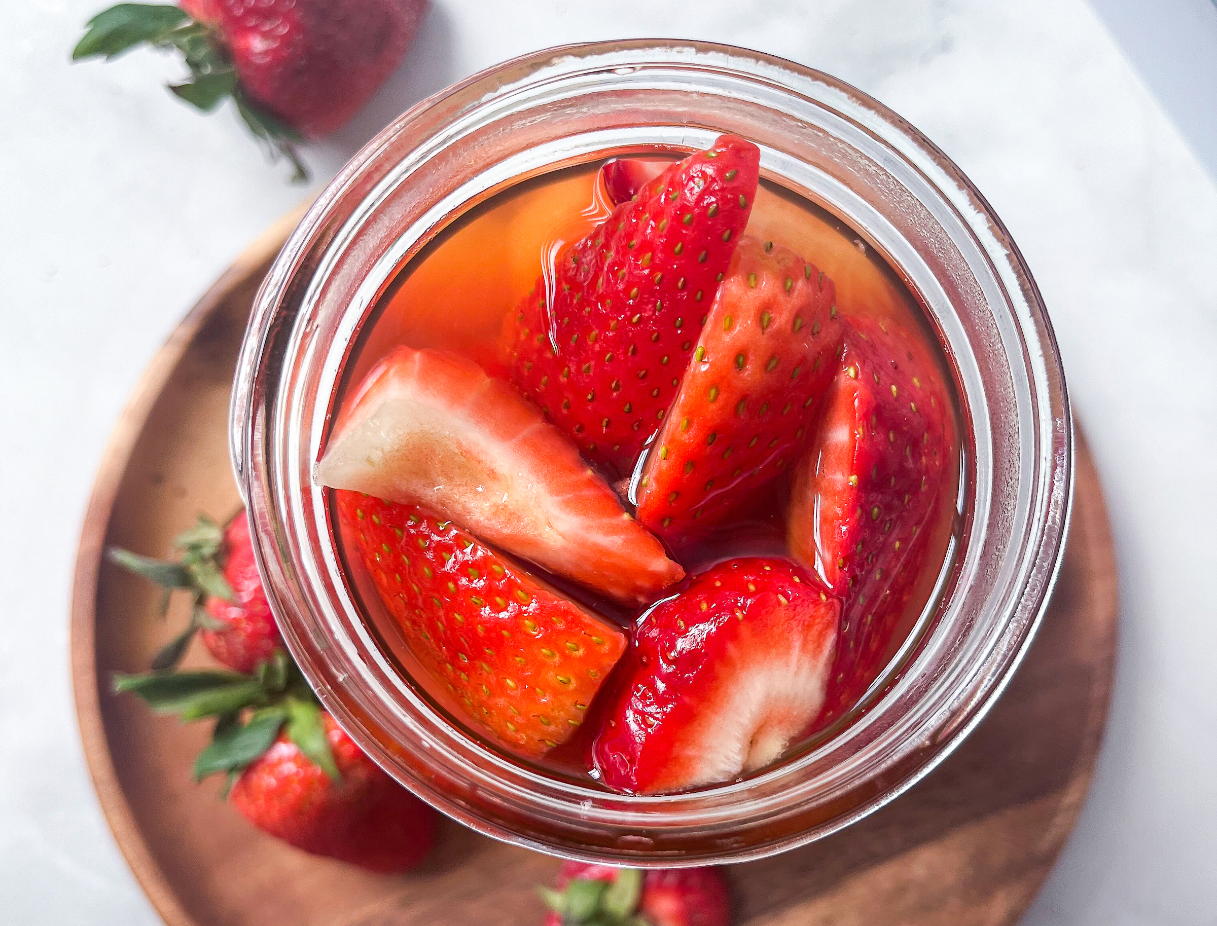 Pickled Strawberries in the jar, view from above