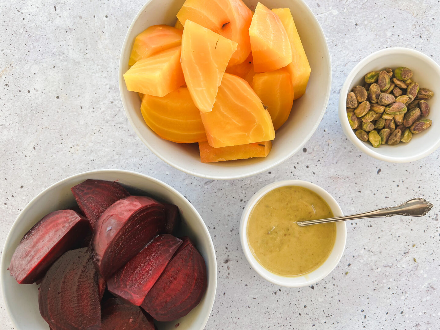 Cut roasted beets in bowls