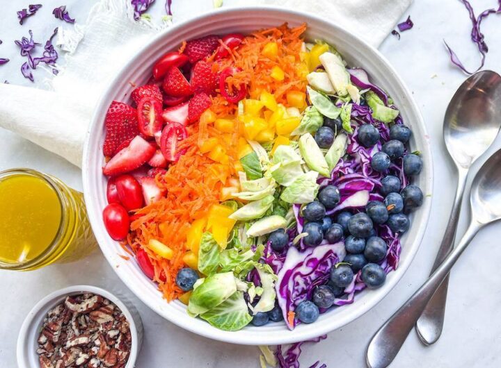 Birdseye view of rainbow salad before mixing