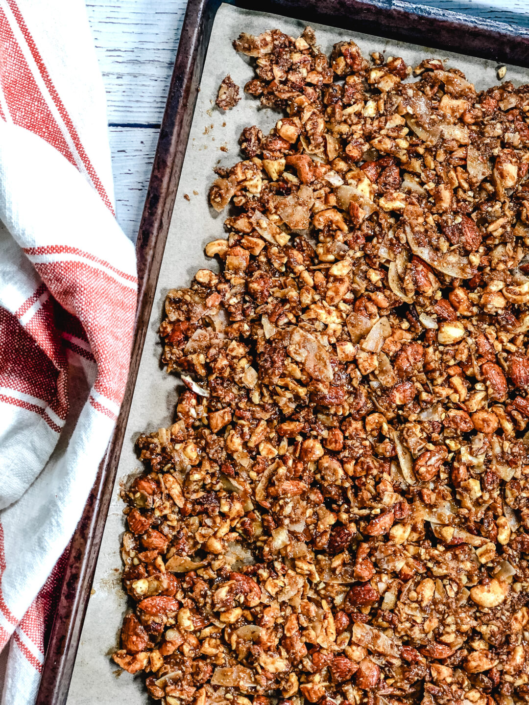Pumpkin spice granola on a baking sheet